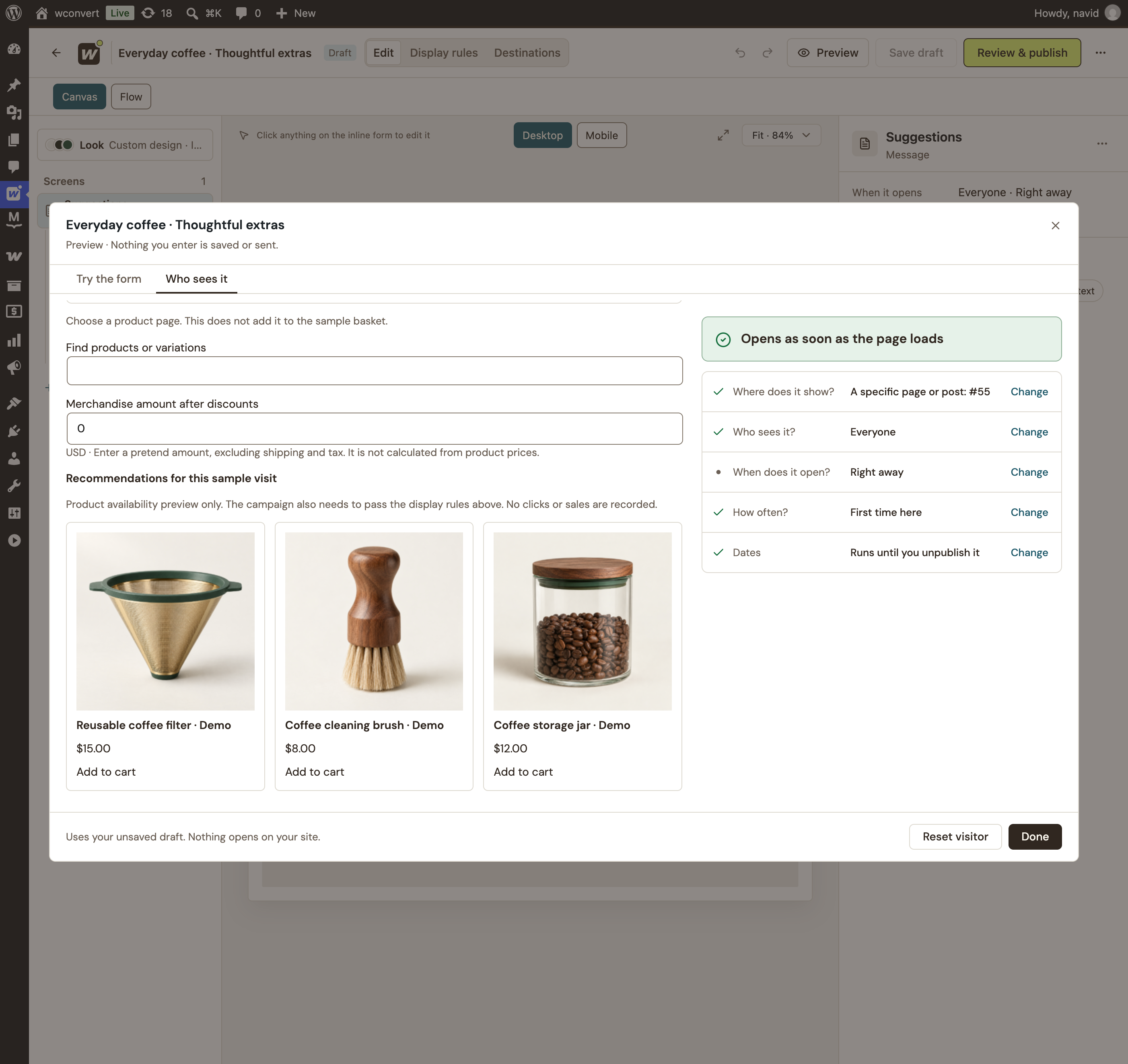 The three eligible WooCommerce recommendations with catalog images and prices.