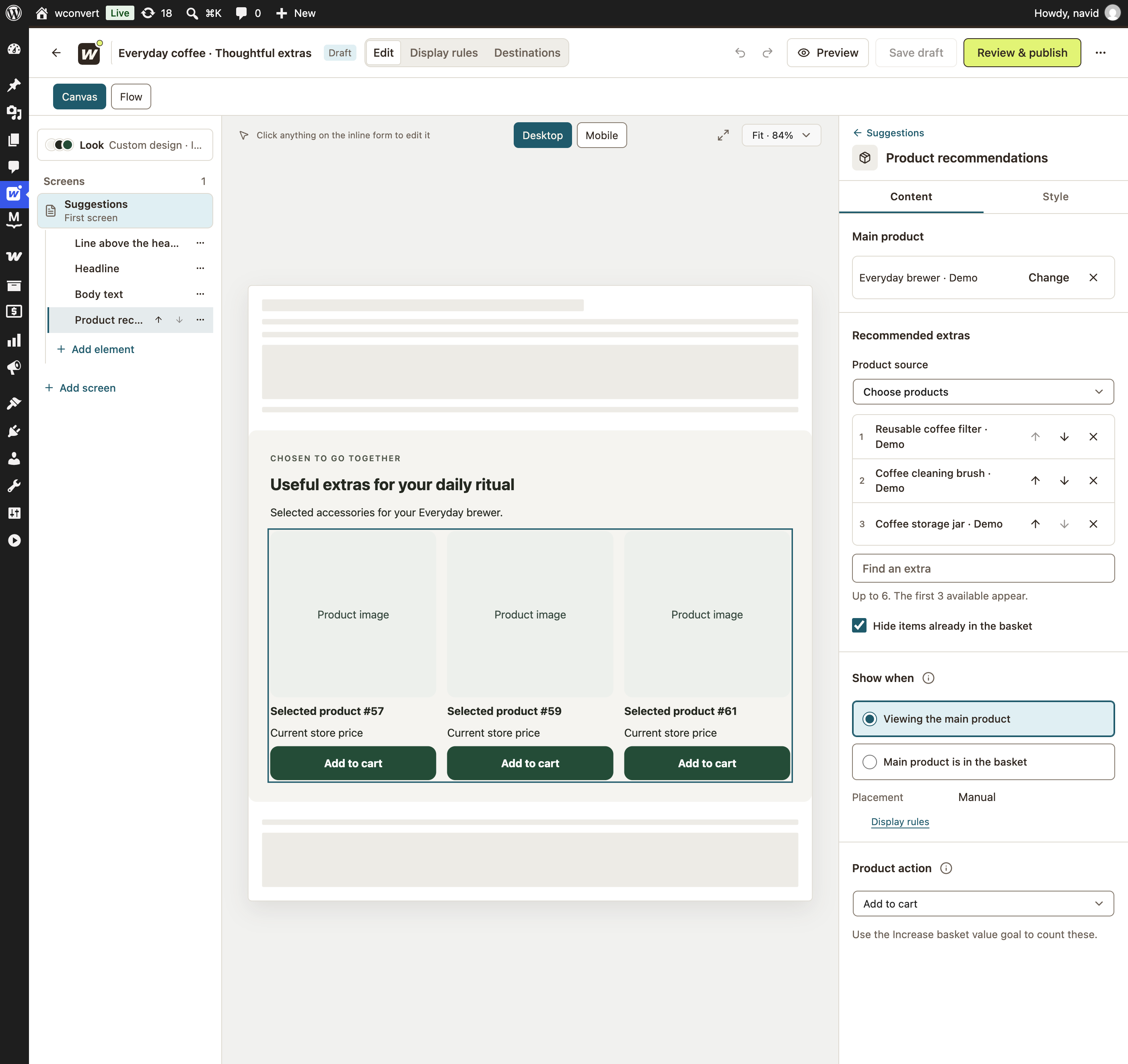 WConvert settings: Everyday brewer as main product; reusable filter, cleaning brush and storage jar selected; hide items already in basket checked.