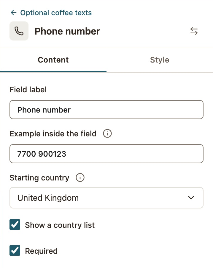 Current phone settings with example 7700 900123, United Kingdom starting country, Show a country list and Required selected.