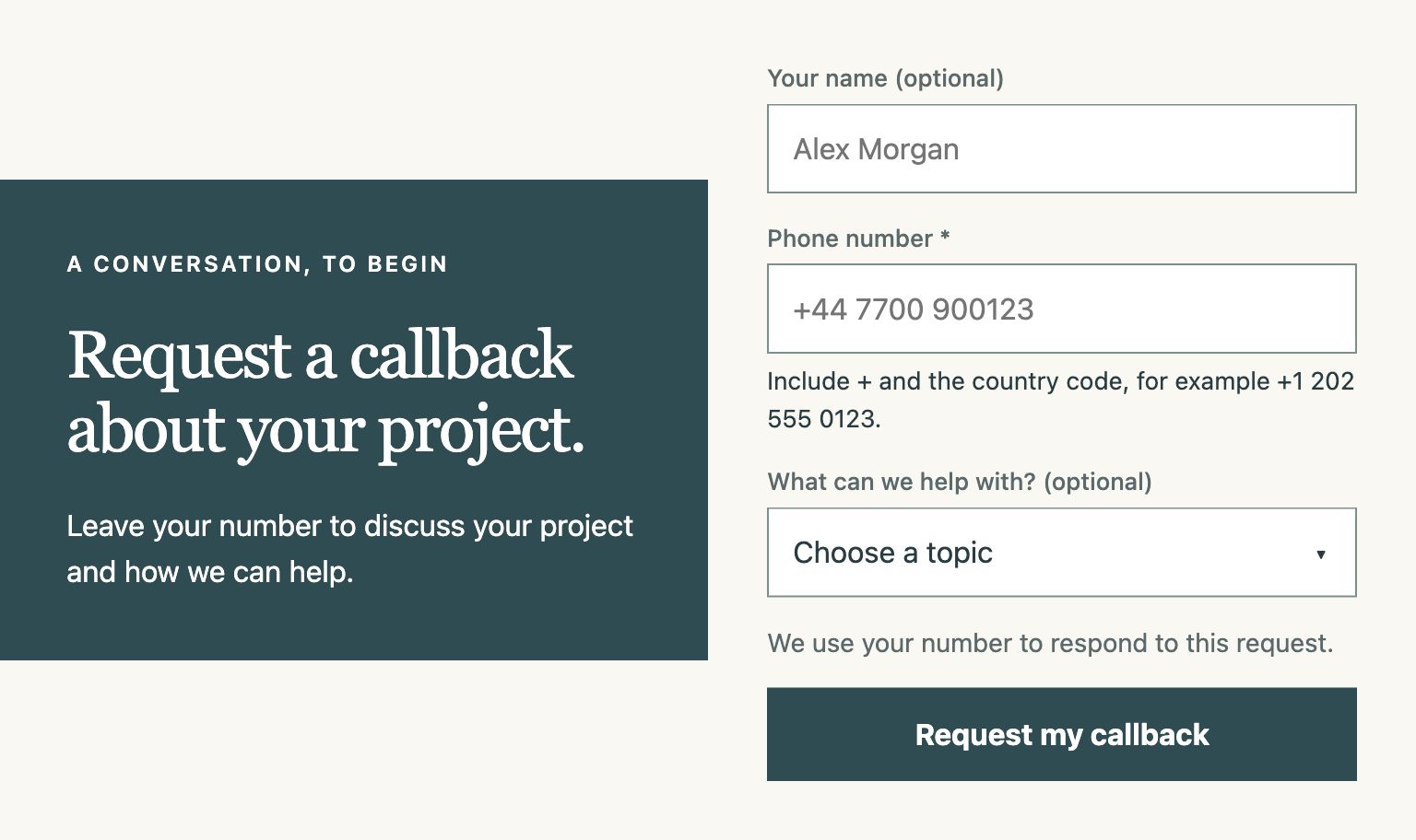 Actual WConvert Callback notes template with a project invitation, name, phone and optional topic fields