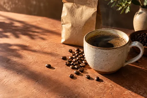 Fresh coffee beans and a cup of coffee