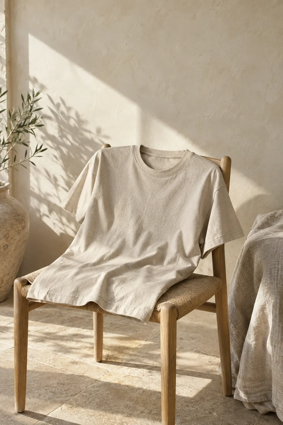 Neutral clothing in a sunlit room